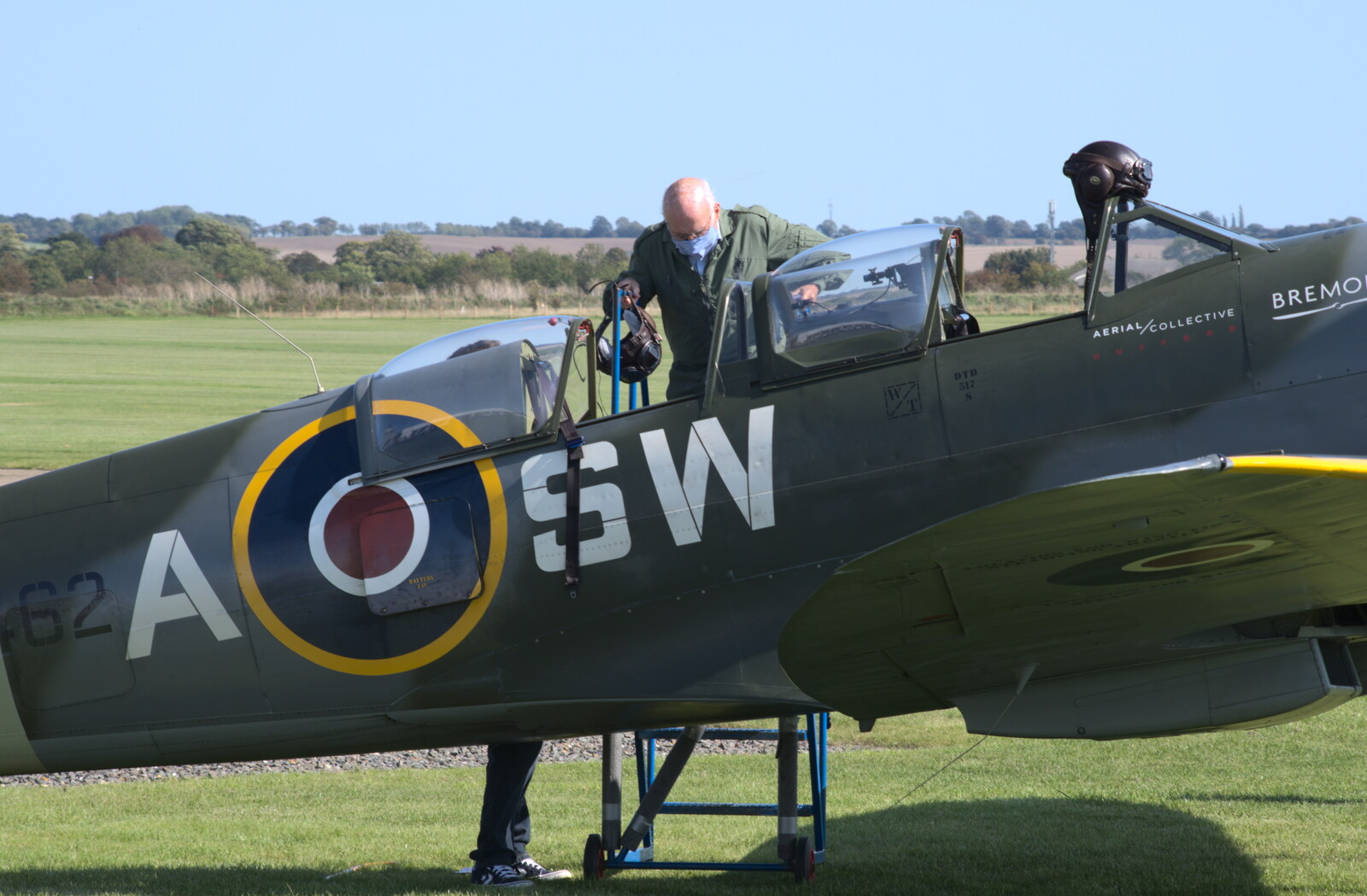 A 90-something bloke climbs in to the Spitfire from The Duxford Dash, IWM Duxford, Cambridge - 13th September 2020