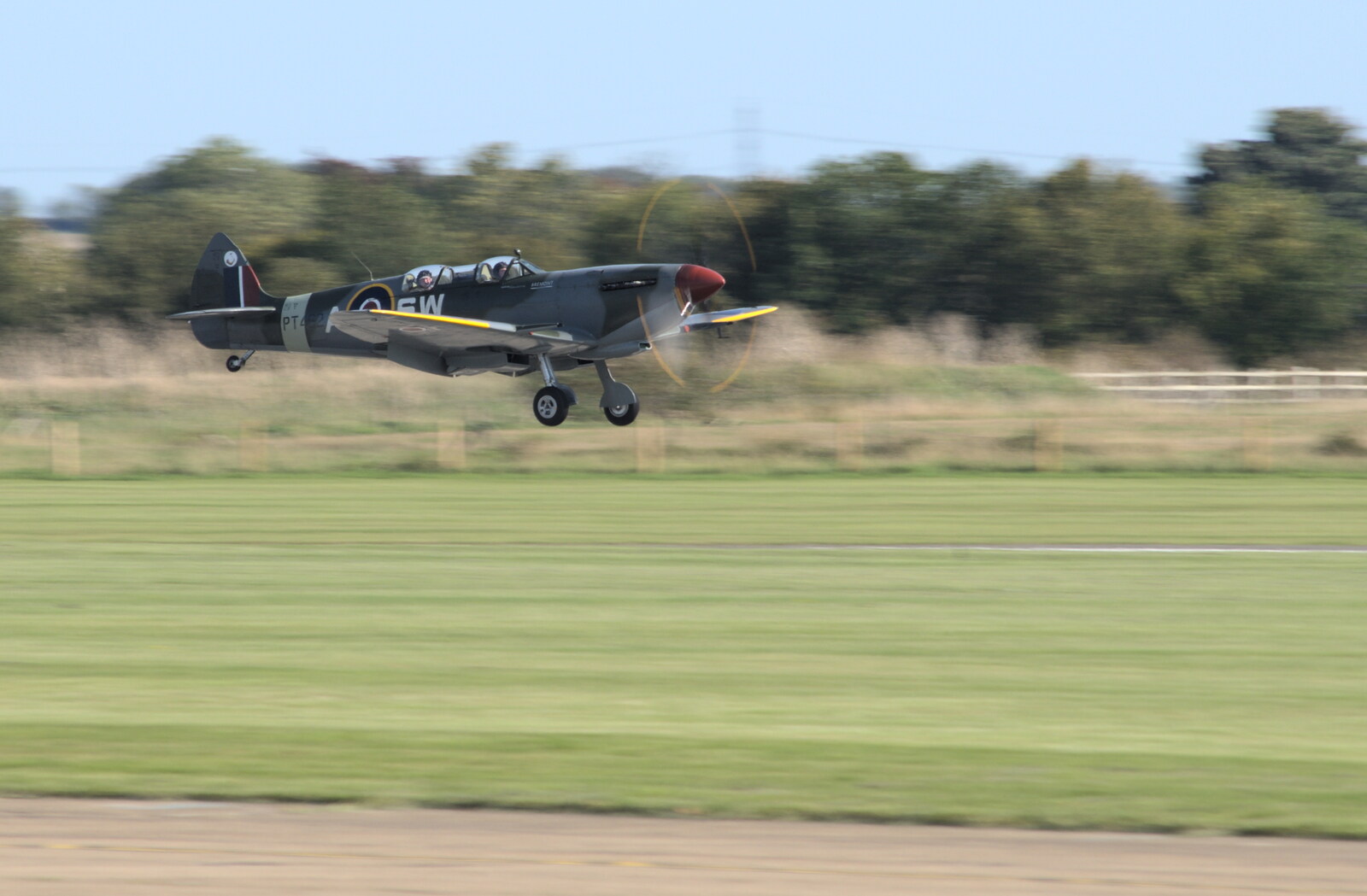 Spitfire PT462 comes in to land at Duxford from The Duxford Dash, IWM Duxford, Cambridge - 13th September 2020