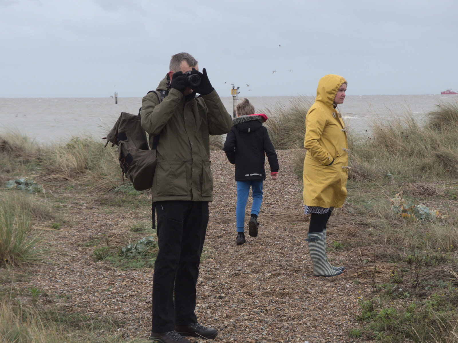 Fred takes a photo of Nosher and Isobel from Sizewell Beach and the Lion Pub, Sizewell and Theberton, Suffolk - 4th October 2020