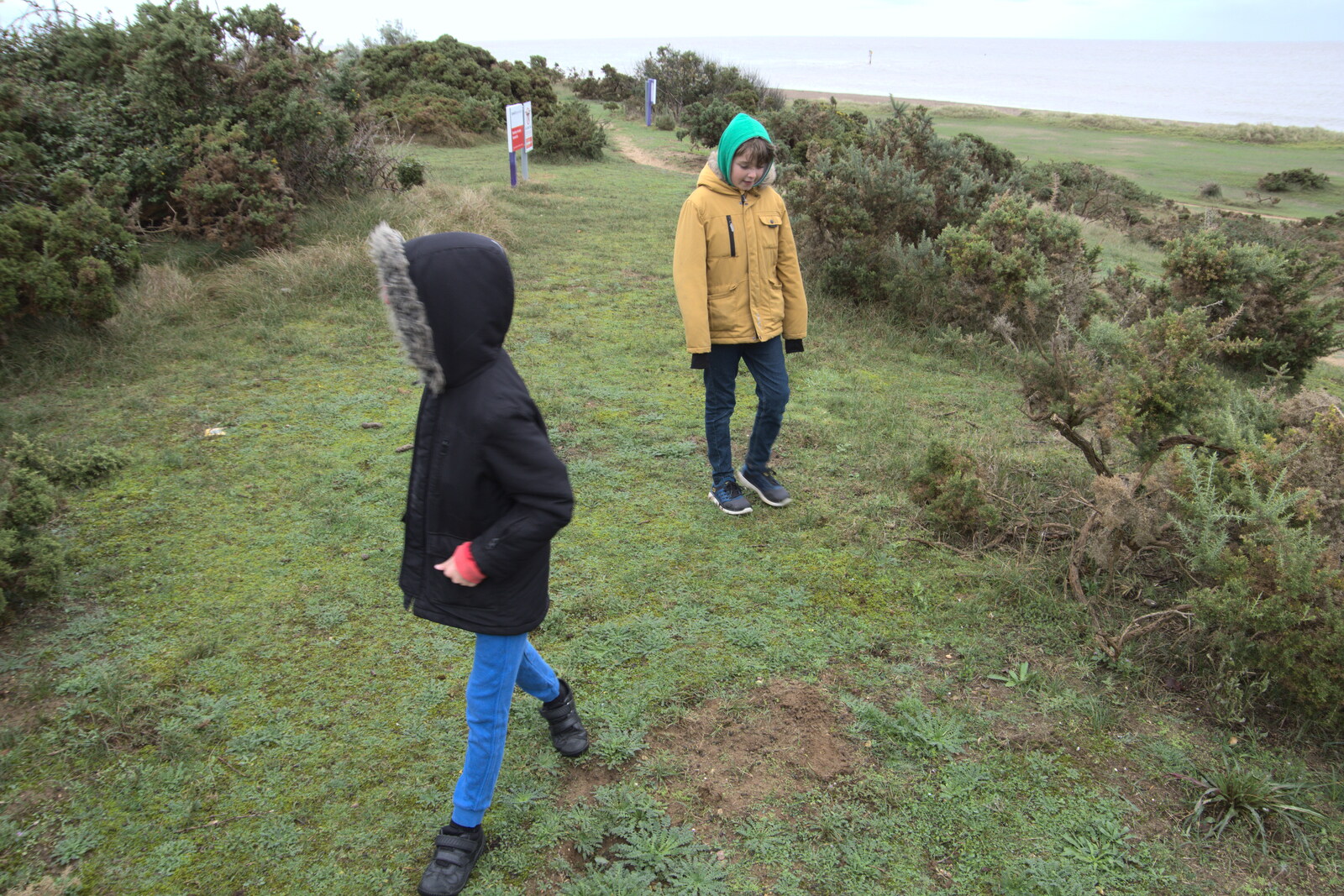 The boys roam around the path from Sizewell Beach and the Lion Pub, Sizewell and Theberton, Suffolk - 4th October 2020
