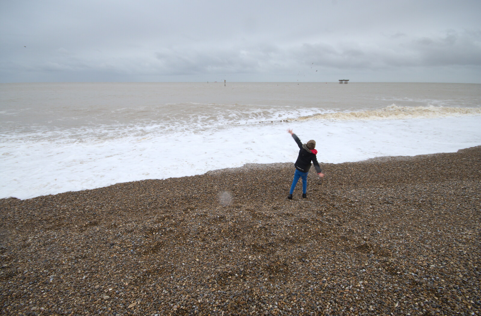 Harry throws stones into the sea from Sizewell Beach and the Lion Pub, Sizewell and Theberton, Suffolk - 4th October 2020