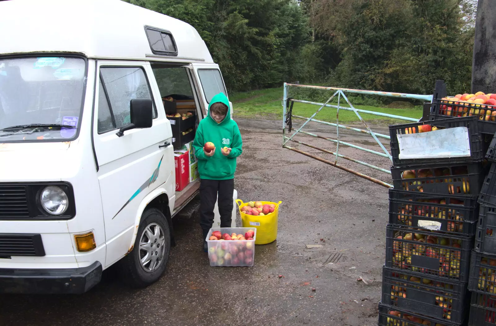 Fred weighs up apples, from Trevor's Last Apple Pressing, Carleton Rode and Shelfanger, Norfolk - 18th October 2020