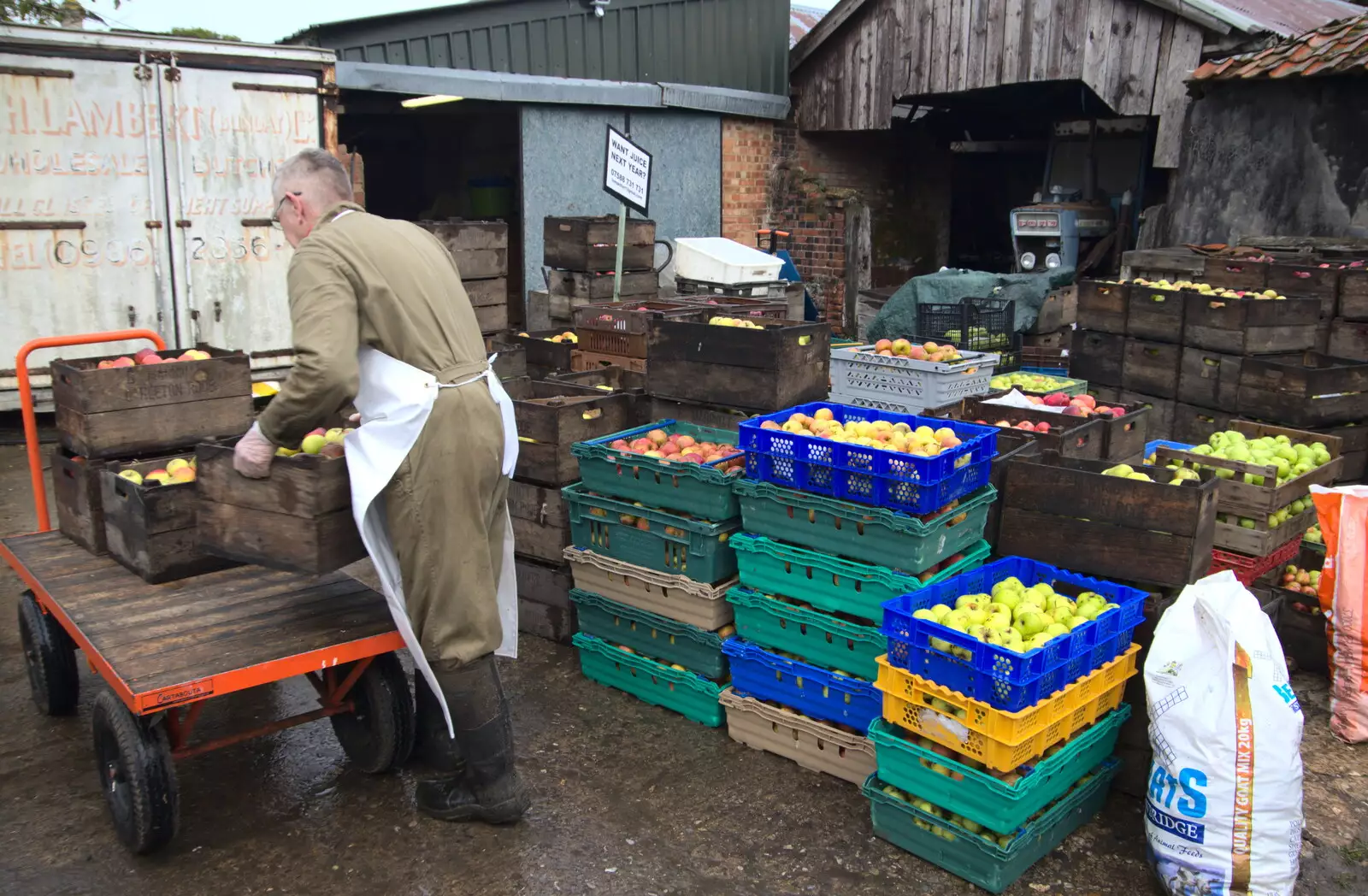 Trevor wheels a few boxes around, from Trevor's Last Apple Pressing, Carleton Rode and Shelfanger, Norfolk - 18th October 2020