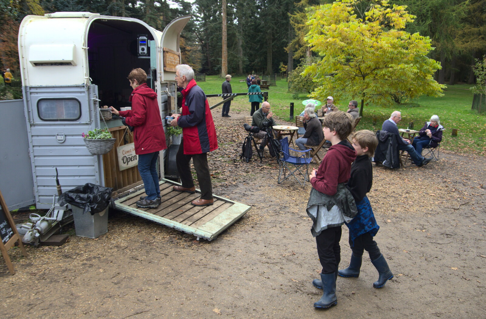 The boys queue to get ice-cream from a van from A Trip to Lynford Arboretum, Mundford, Norfolk - 30th October 2020
