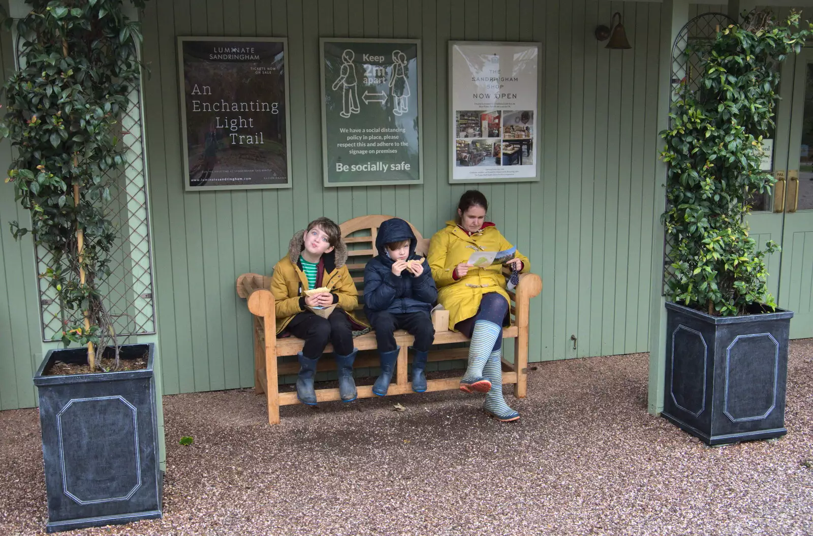 The boys eat a café sandwich each, from A Trip to Sandringham Estate, Norfolk - 31st October 2020