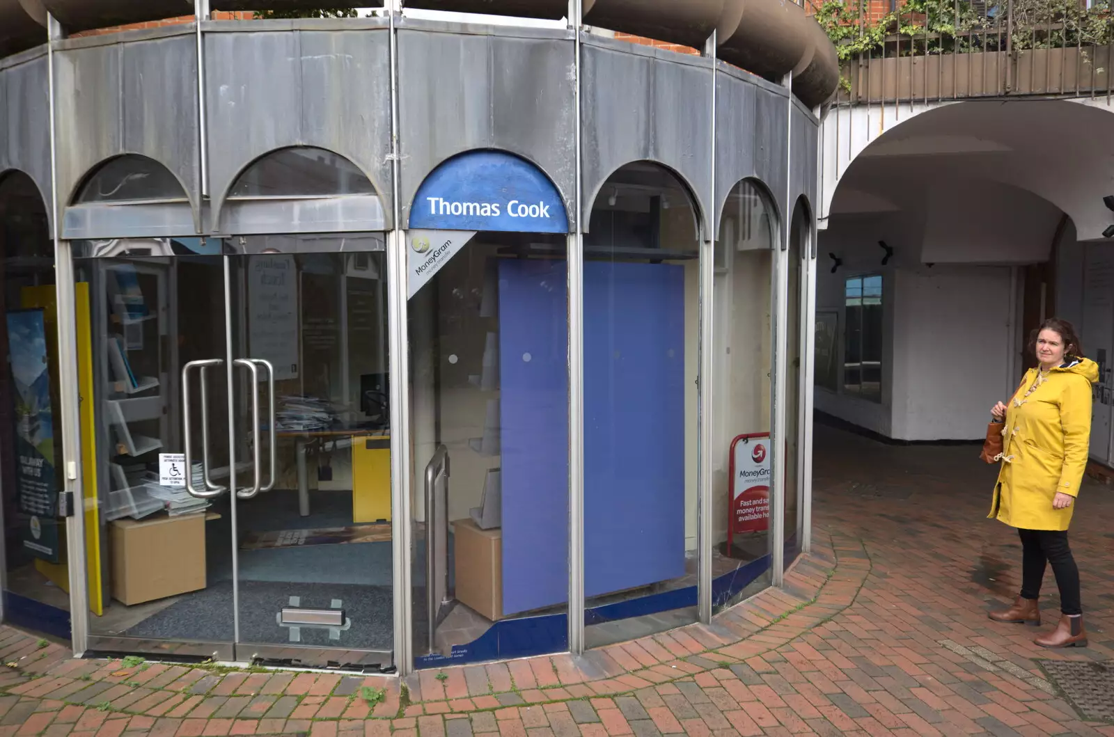 Isobel outside the abandoned Thomas Cook, from Isobel's Birthday, Woodbridge, Suffolk - 2nd November 2020