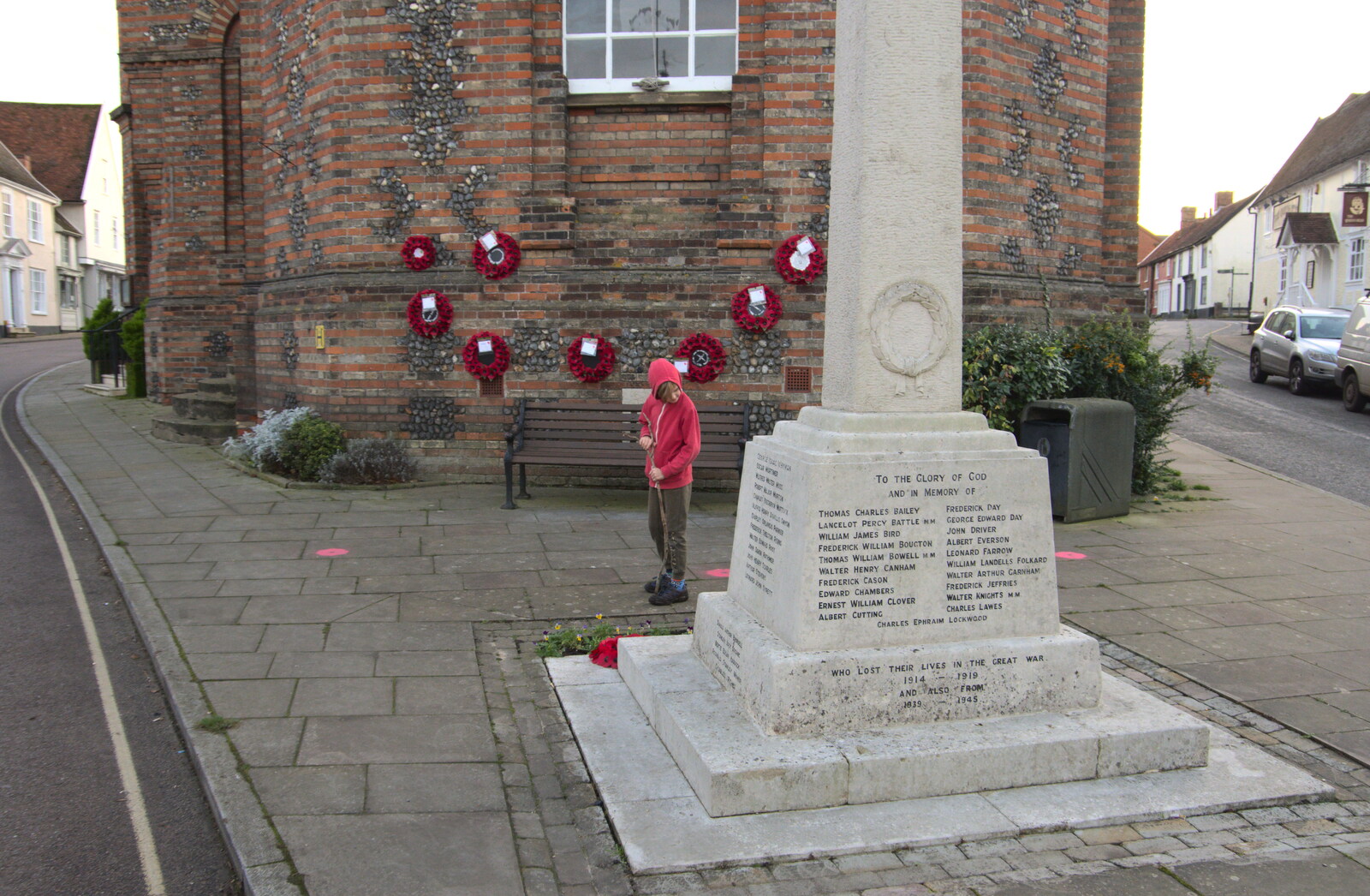 Harry looks at the War Memorial from The Dereliction of Eye, Suffolk - 22nd November 2020