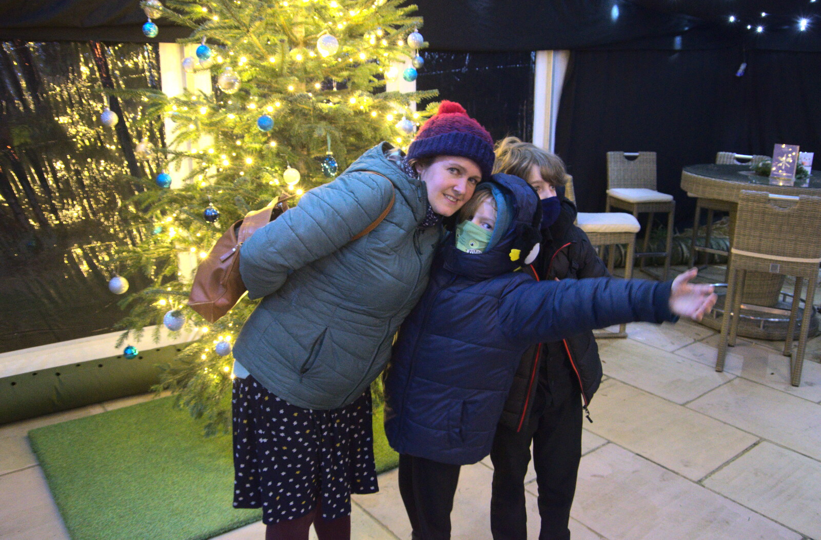 Isobel, Harry and Fred by the Christmas tree from A Return to the Oaksmere, Brome, Suffolk - 8th December 2020