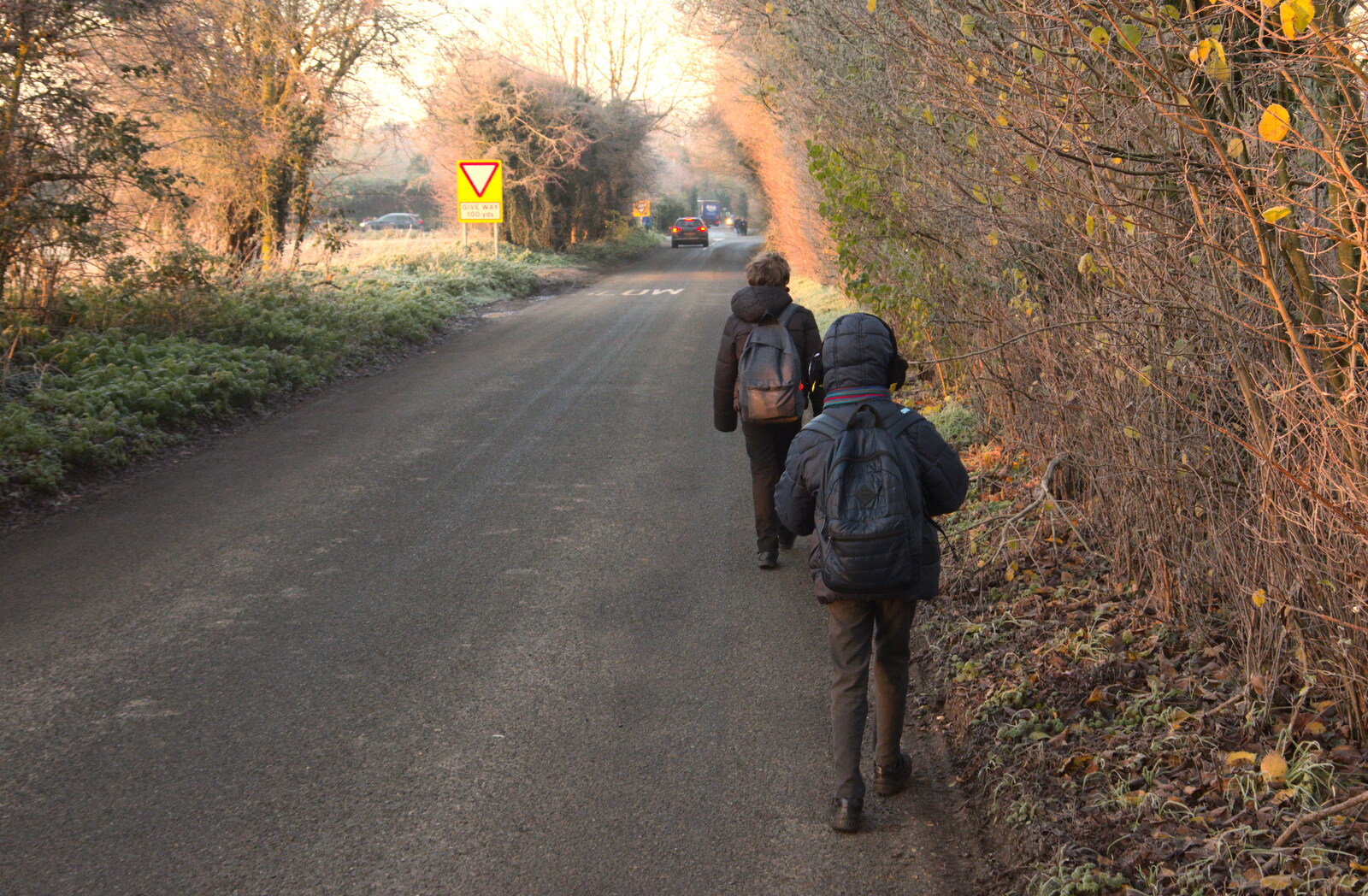 The boys head off to the bus stop from A Return to the Oaksmere, Brome, Suffolk - 8th December 2020
