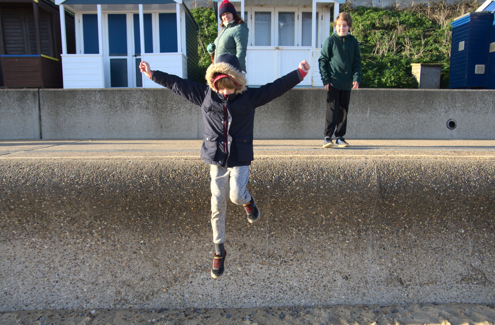 Harry hurls himself off the wall from A Return to the Beach, Southwold, Suffolk - 20th December 2020