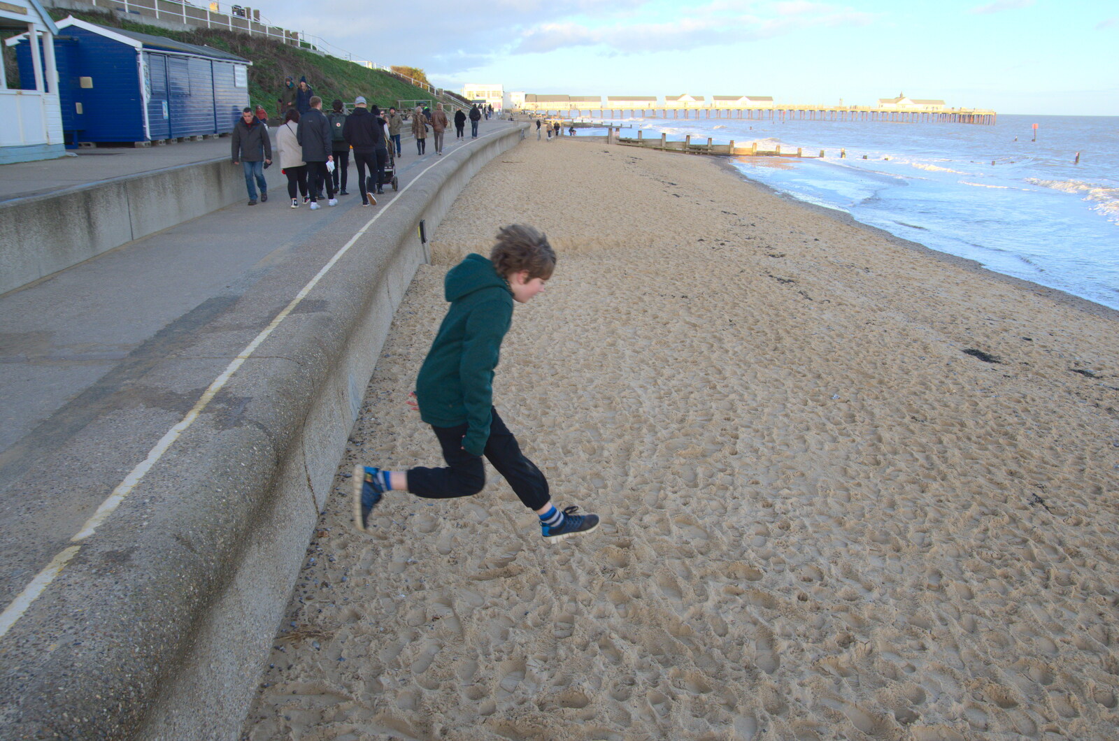 Fred takes another jump from A Return to the Beach, Southwold, Suffolk - 20th December 2020
