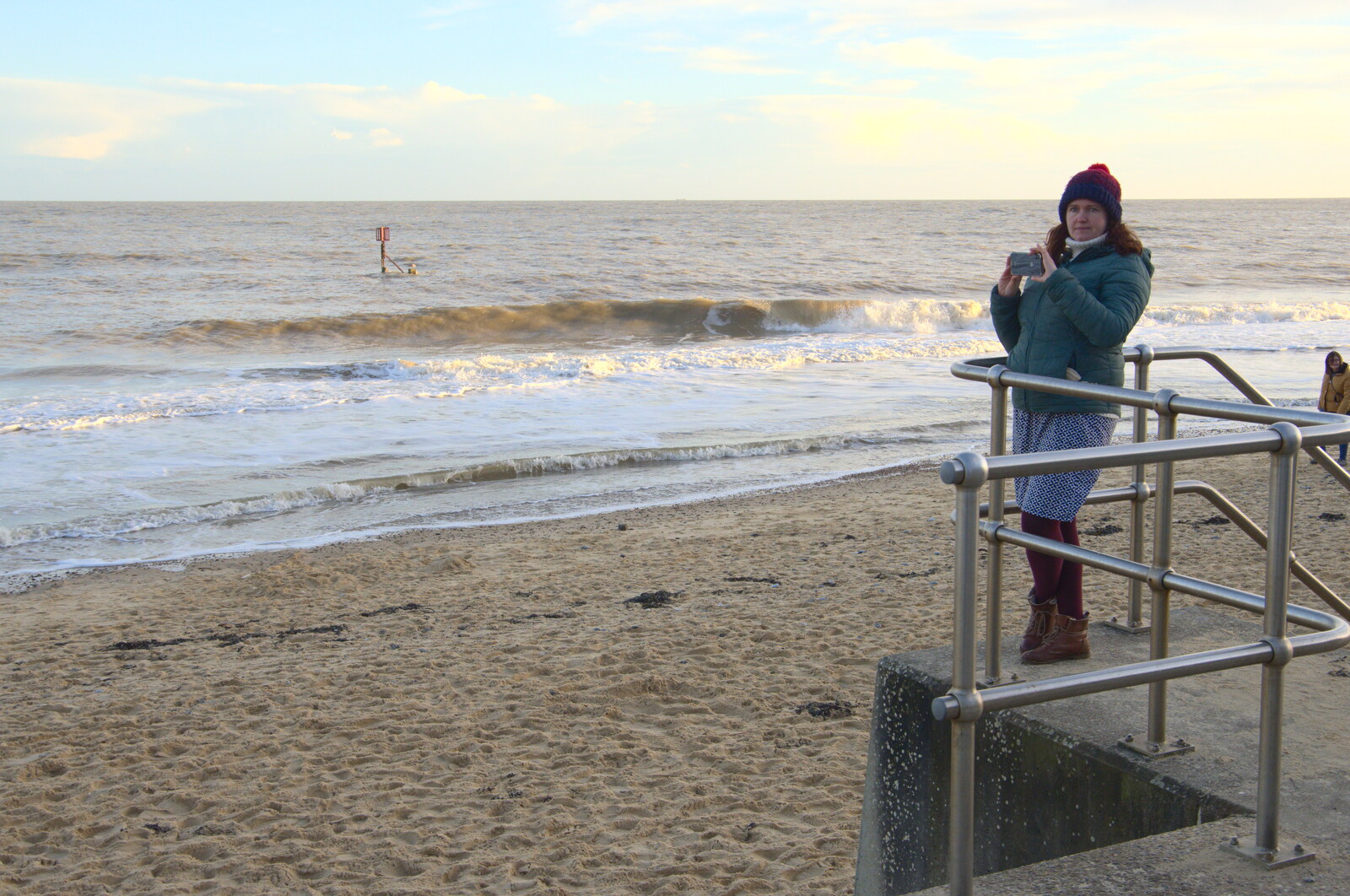 Isobel takes a video from A Return to the Beach, Southwold, Suffolk - 20th December 2020