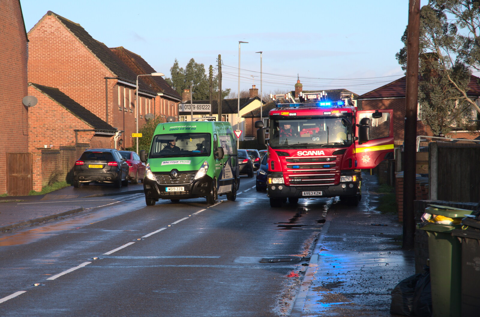 The fire engine is partly blocking the road from The Christmas Eve Floods, Diss, Norfolk - 24th December 2020