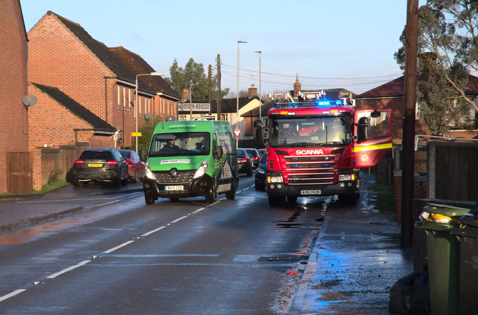 The fire engine is partly blocking the road, from The Christmas Eve Floods, Diss, Norfolk - 24th December 2020