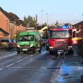 The fire engine is partly blocking the road, The Christmas Eve Floods, Diss, Norfolk - 24th December 2020