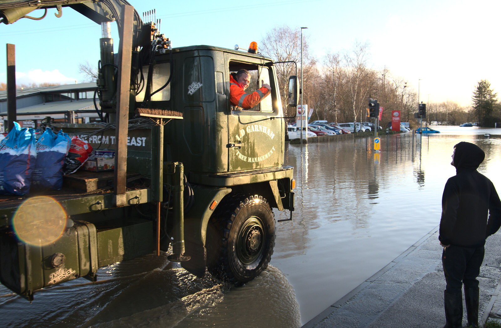 Thumbs-up from the Serious Loggin' driver from The Christmas Eve Floods, Diss, Norfolk - 24th December 2020