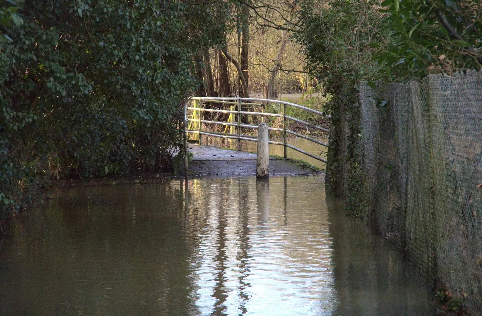 The footbridge peeks out above the water, from The Christmas Eve Floods, Diss, Norfolk - 24th December 2020