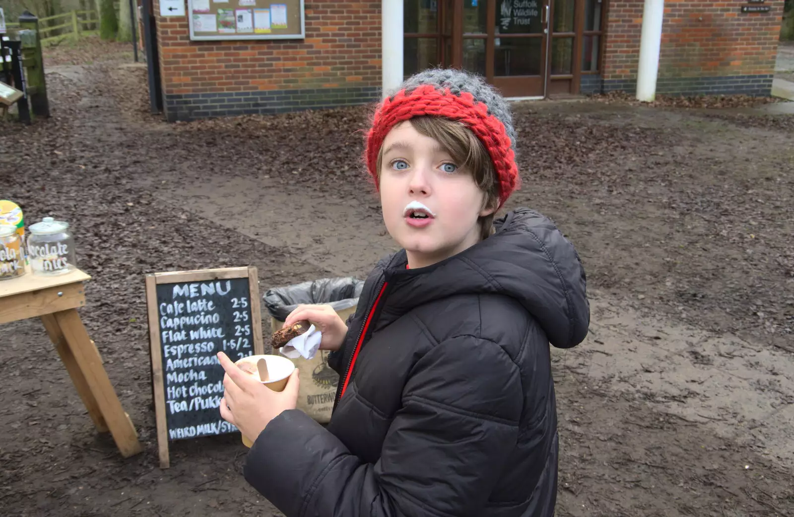 Fred's got a milk-froth moustache, from A Walk Around Redgrave and Lopham Fen, Redgrave, Suffolk - 3rd January 2021