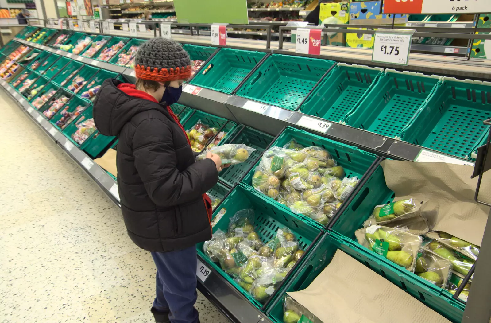 Fred gets some pears in a depleted Morrisons, from A Walk Around Redgrave and Lopham Fen, Redgrave, Suffolk - 3rd January 2021