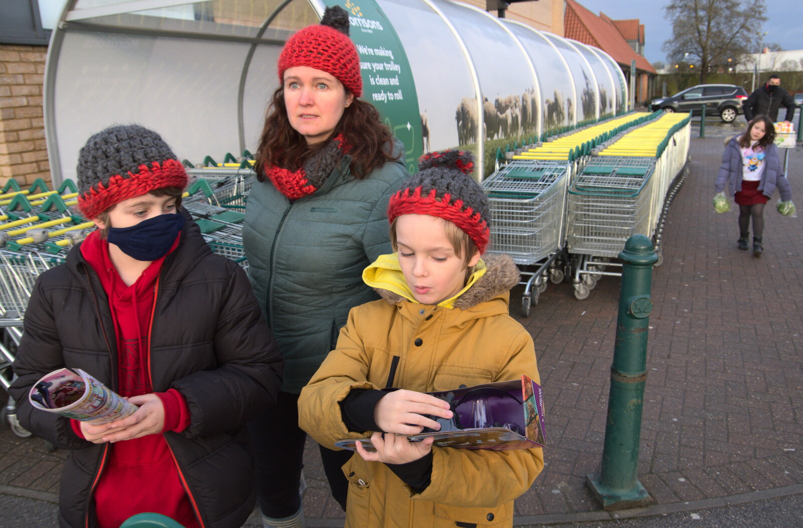 Fred, Isobel and Harry outside Morrisons from A Walk Around Redgrave and Lopham Fen, Redgrave, Suffolk - 3rd January 2021