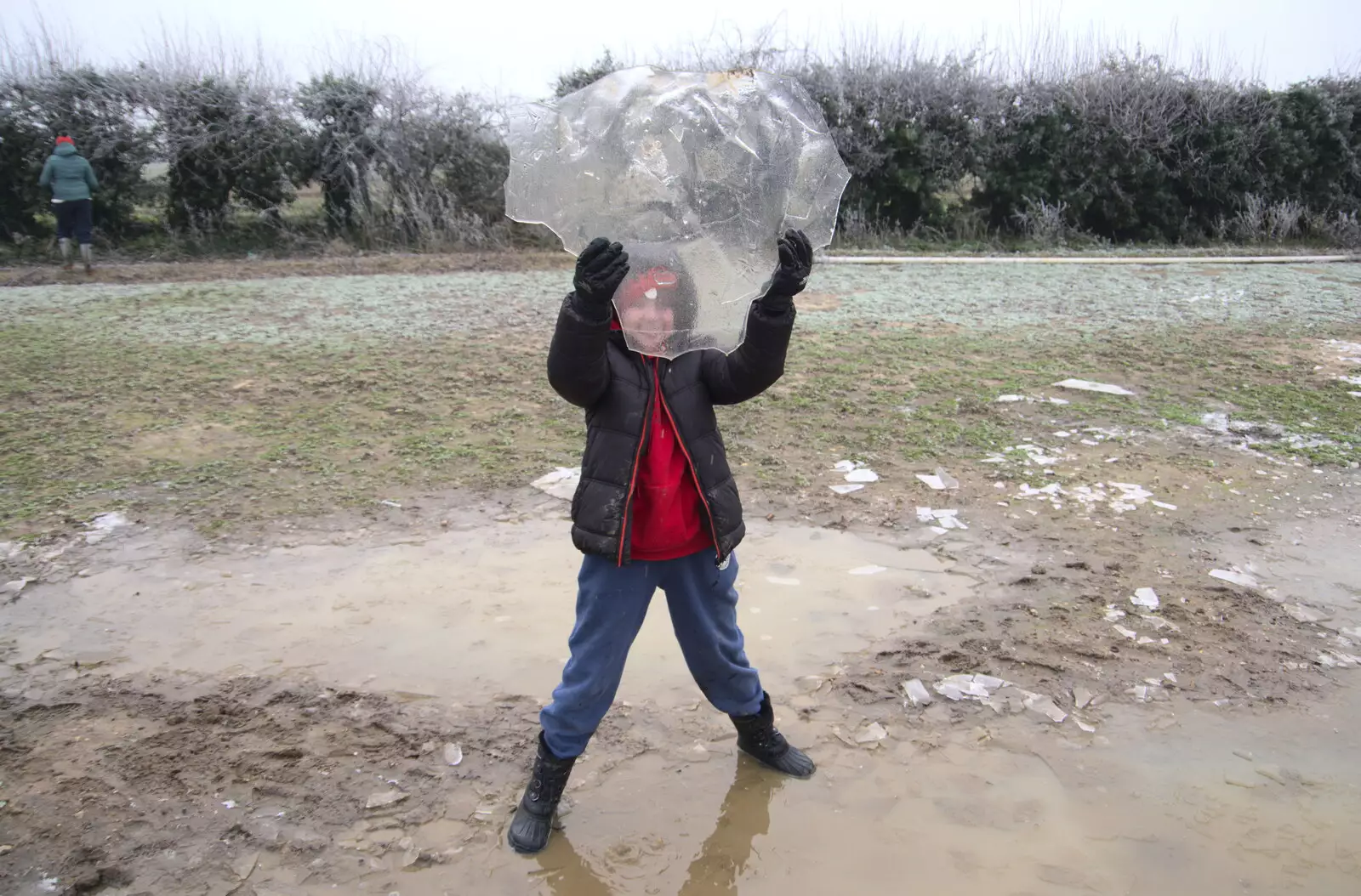 Fred looks through a sheet of ice, from Fun With Ice in Lockdown, Brome, Suffolk - 10th January 2021