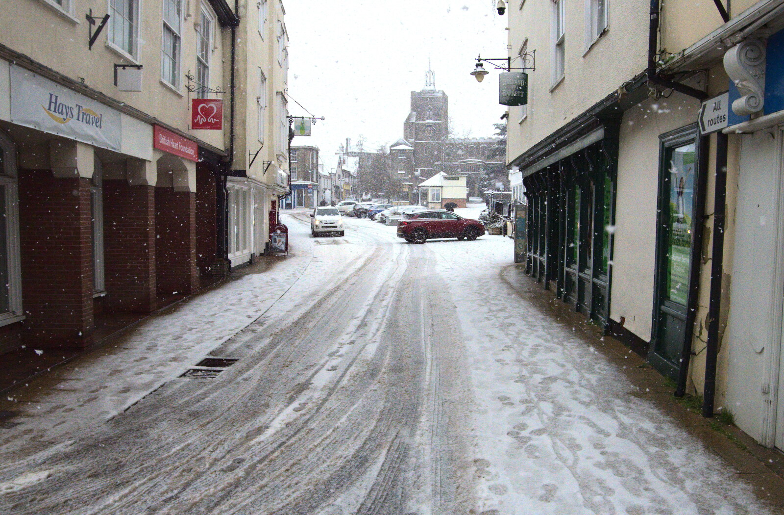 The top of Mere Street by Hays Travel from A Snowy Morning, Diss, Norfolk - 16th January 2021