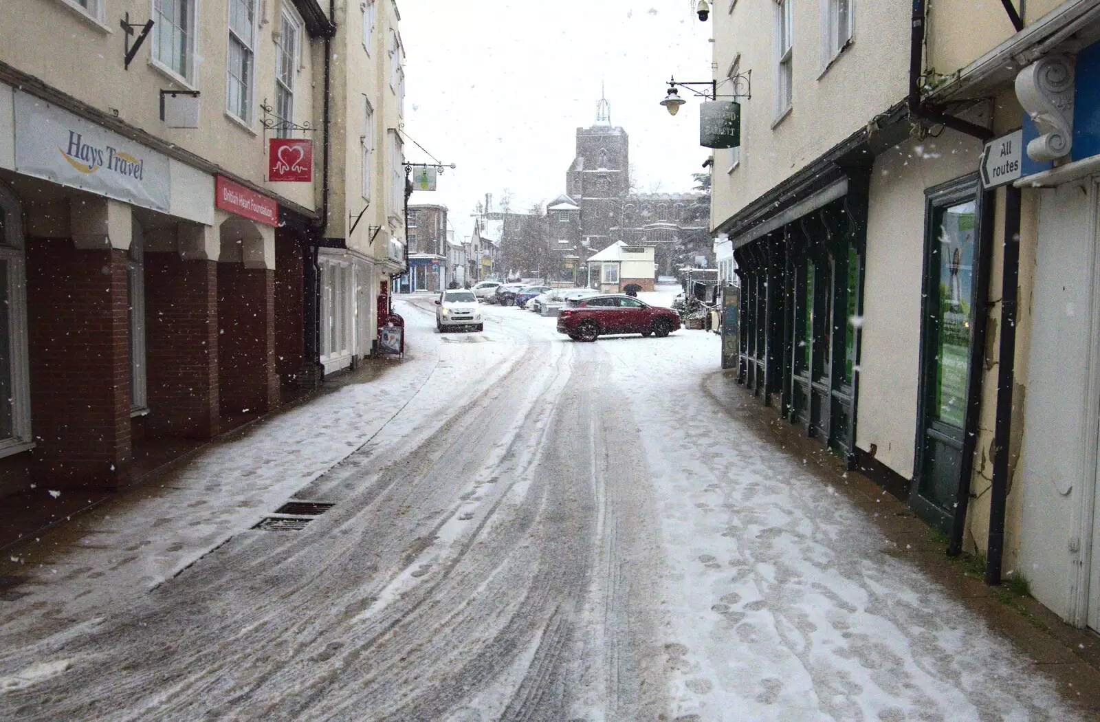 The top of Mere Street by Hays Travel, from A Snowy Morning, Diss, Norfolk - 16th January 2021