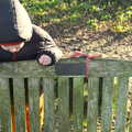 Fred leans over Peter's bench, Winter Lockdown Walks, Thrandeston and Brome, Suffolk - 24th January 2021