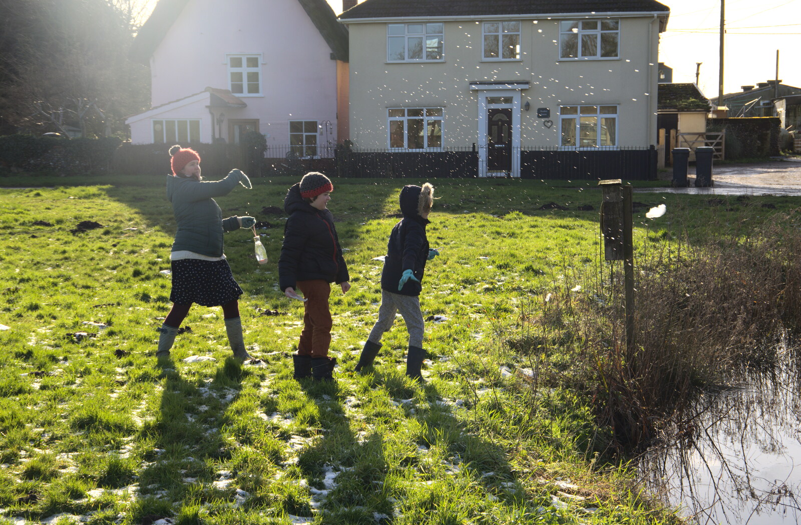 Everyone flings snowballs onto the pond from Winter Lockdown Walks, Thrandeston and Brome, Suffolk - 24th January 2021