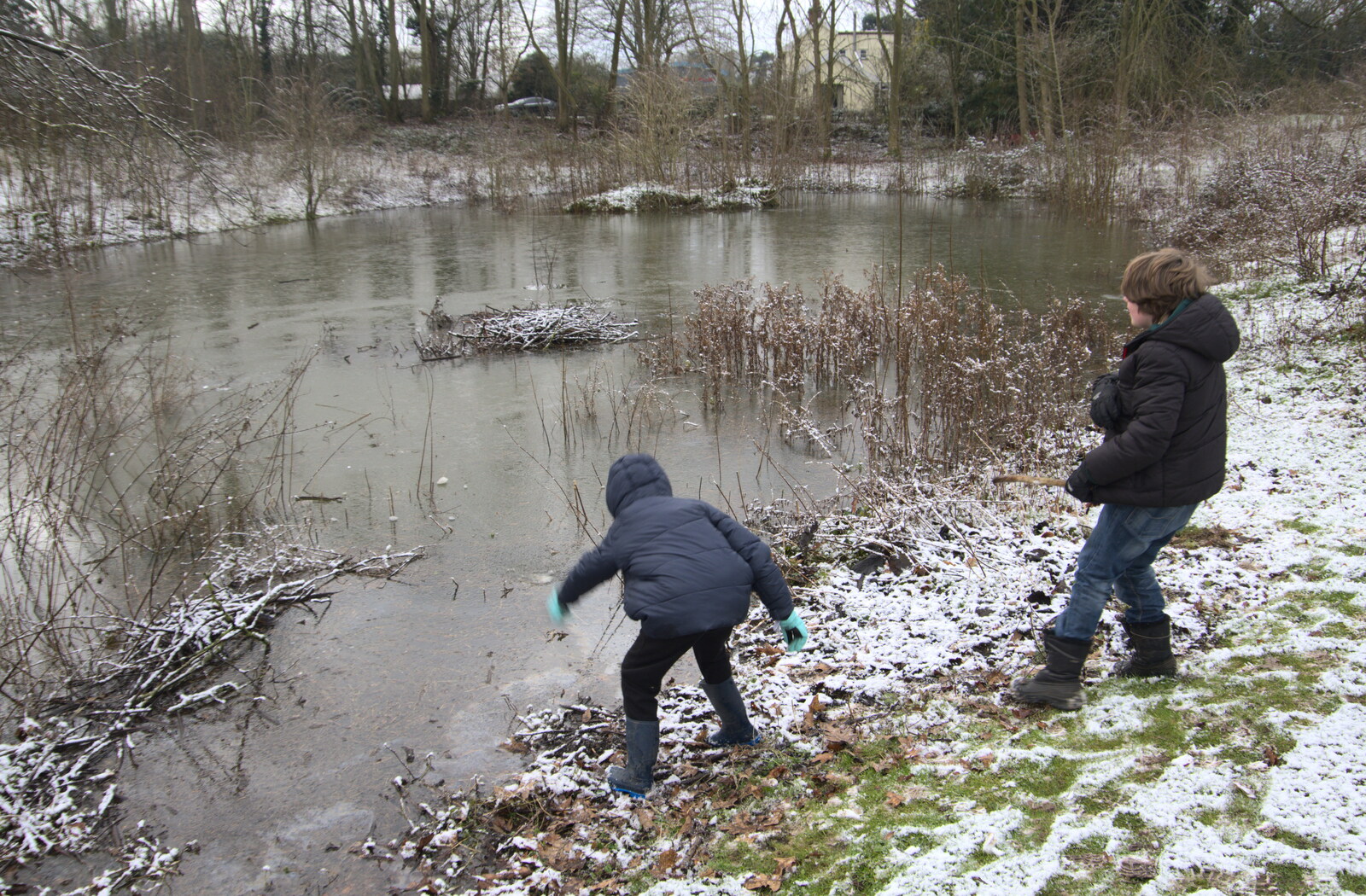The boys mess around by the new pond from Winter Lockdown Walks, Thrandeston and Brome, Suffolk - 24th January 2021