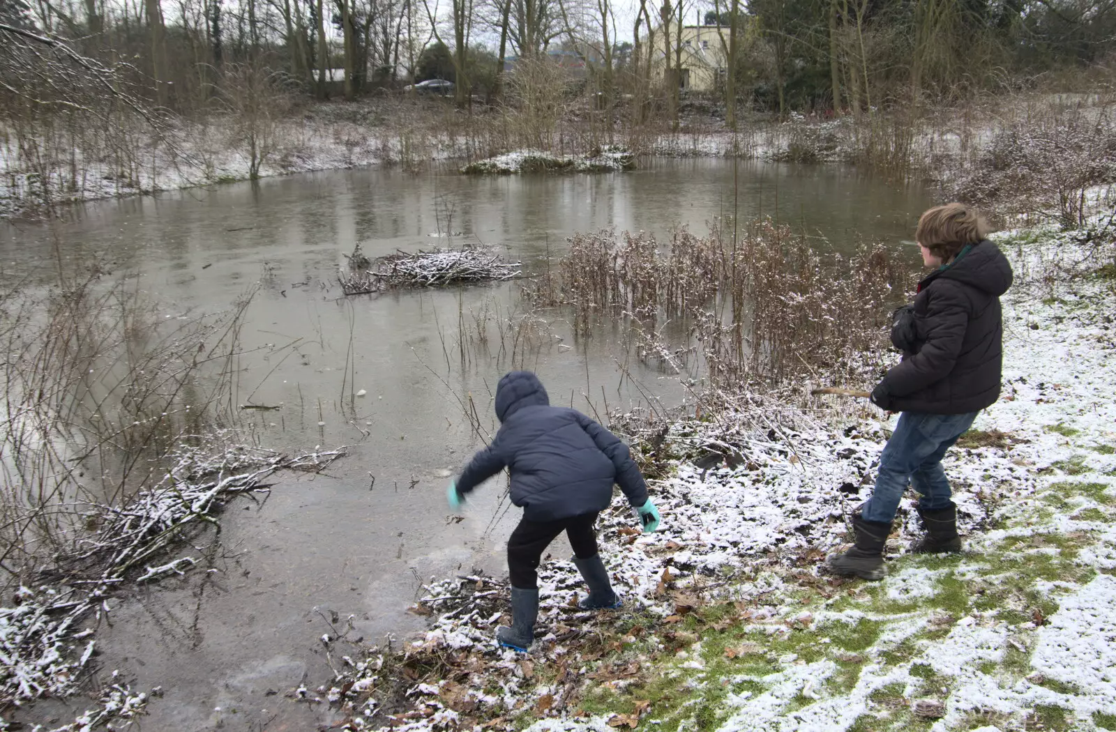 The boys mess around by the new pond, from Winter Lockdown Walks, Thrandeston and Brome, Suffolk - 24th January 2021