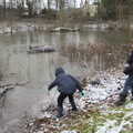 The boys mess around by the new pond, Winter Lockdown Walks, Thrandeston and Brome, Suffolk - 24th January 2021