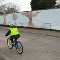 Fred cycles past the Tree mural, A Trip to the Blue Shop, Church Street, Eye, Suffolk - 2nd February 2021