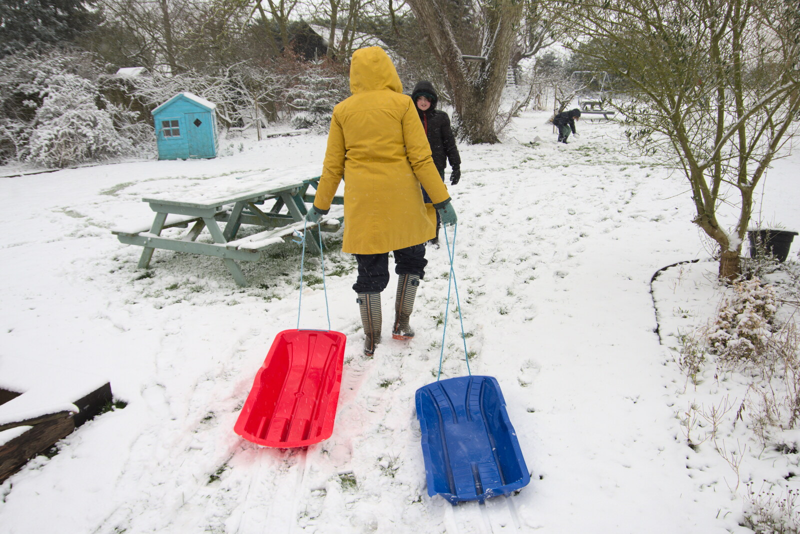 Isobel drags the sledges around from Beast From The East Two - The Sequel, Brome, Suffolk - 8th February 2021