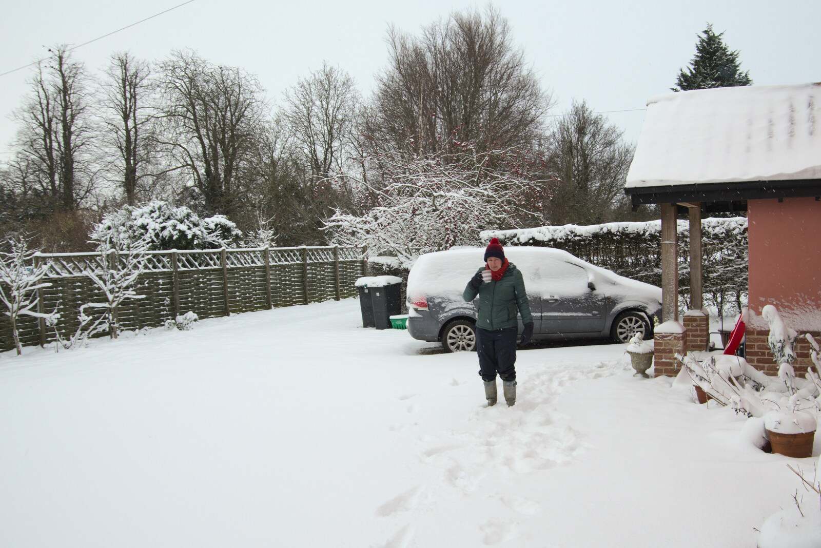 Isobel roams around with a coffee from Beast From The East Two - The Sequel, Brome, Suffolk - 8th February 2021