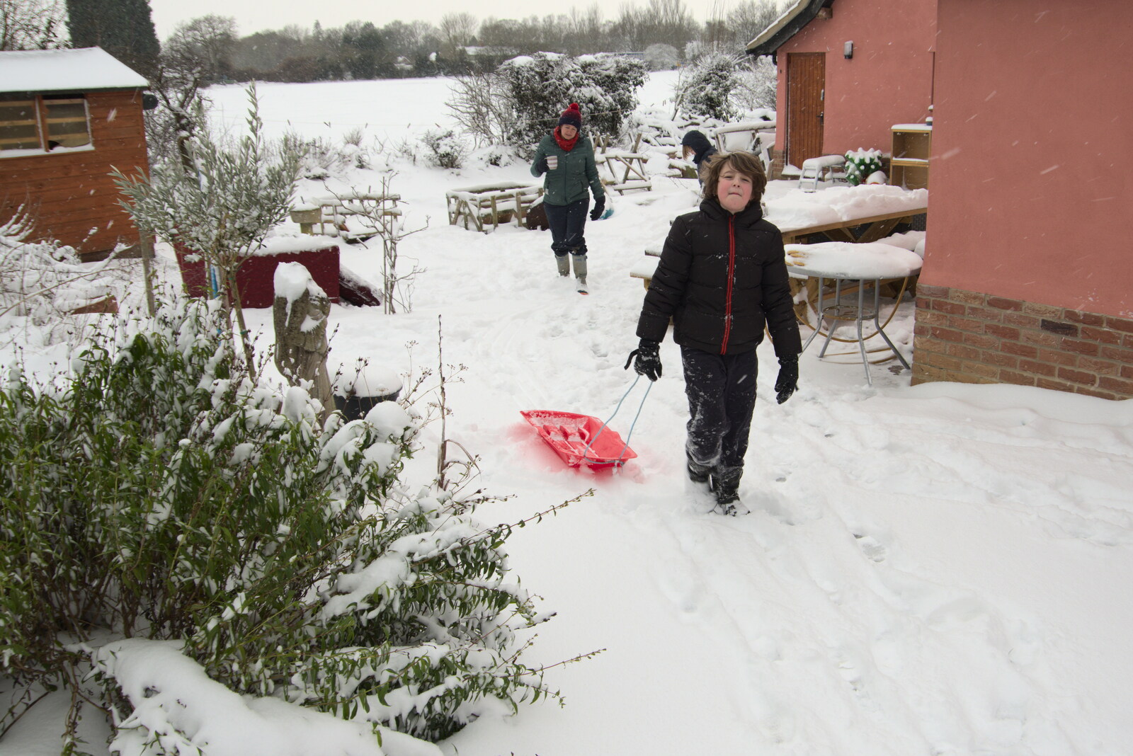 Fred drags a sledge to the back garden from Beast From The East Two - The Sequel, Brome, Suffolk - 8th February 2021