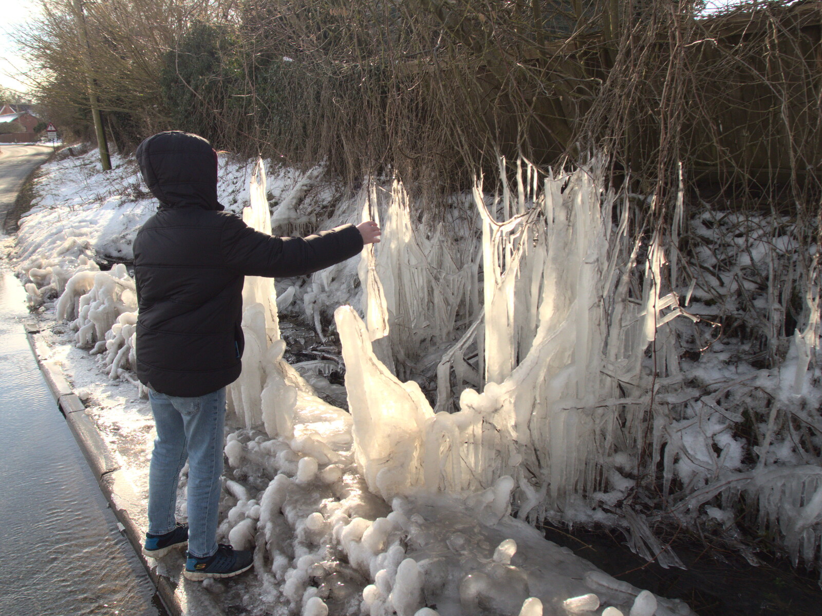Fred pokes some of the ice from Derelict Infants School and Ice Sculptures, Diss and Palgrave, Norfolk and Suffolk - 13th February 2021