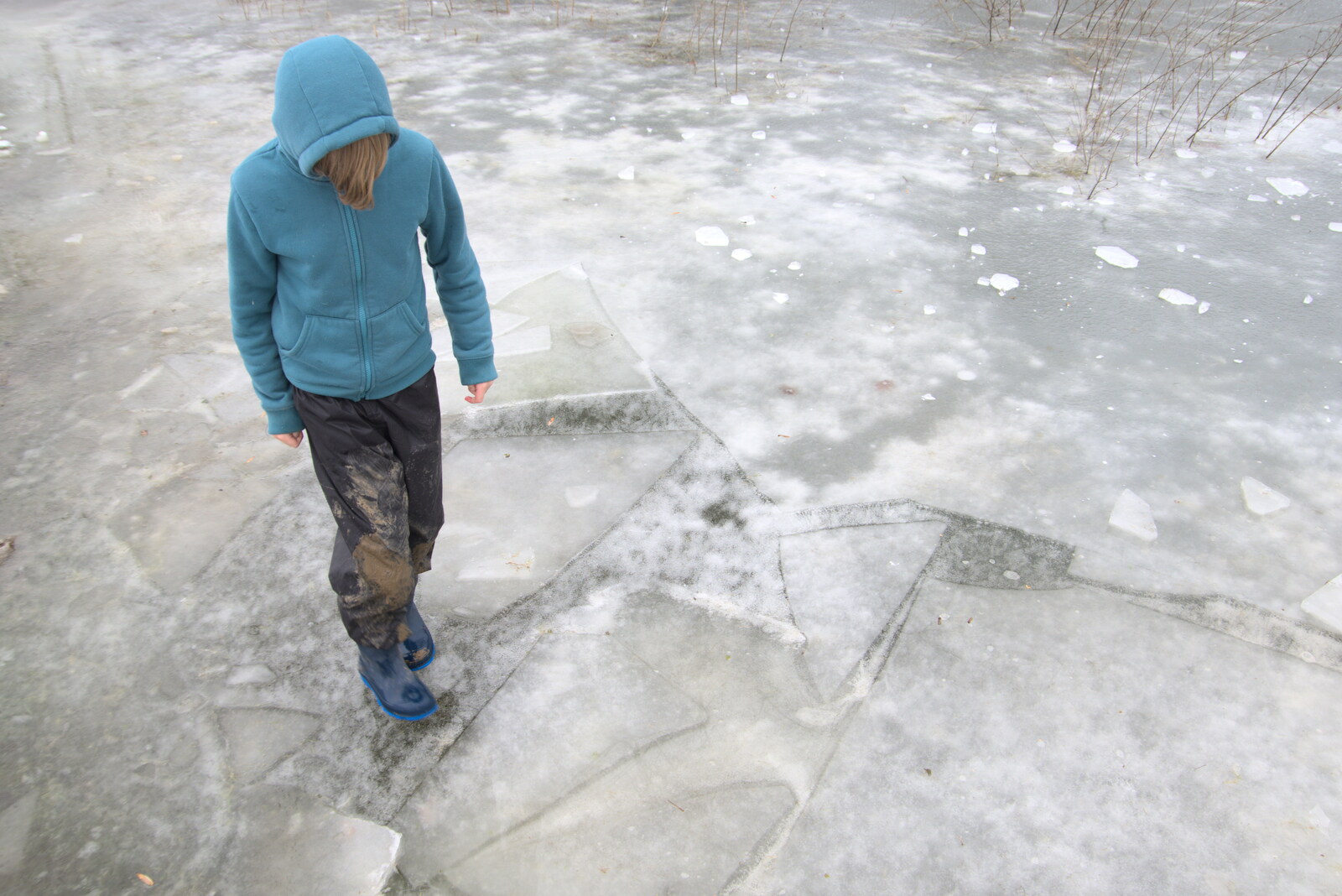 Harry stands on a shallow bit of frozen pond from Derelict Infants School and Ice Sculptures, Diss and Palgrave, Norfolk and Suffolk - 13th February 2021