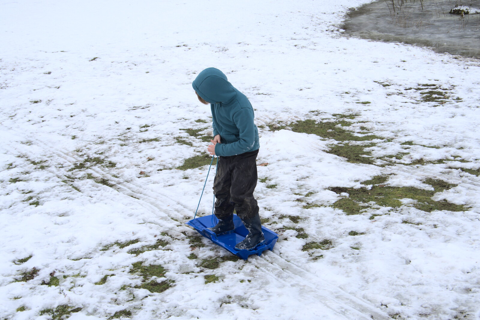 Harry does a last bit of sledging from Derelict Infants School and Ice Sculptures, Diss and Palgrave, Norfolk and Suffolk - 13th February 2021