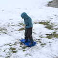 Harry does a last bit of sledging, Derelict Infants School and Ice Sculptures, Diss and Palgrave, Norfolk and Suffolk - 13th February 2021