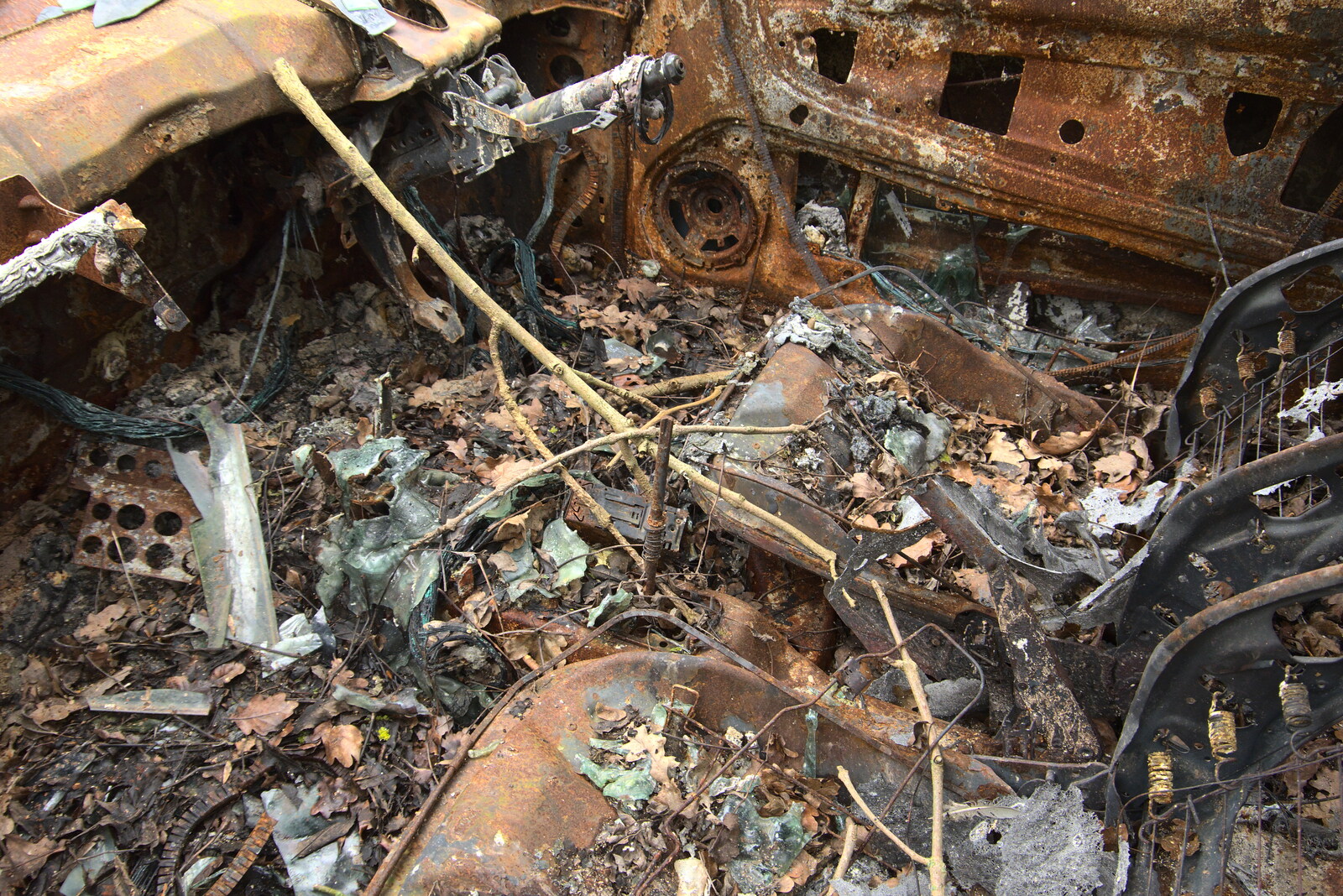 The inside of the torched motor from The Old Sewage Works, The Avenue, Brome, Suffolk - 20th February 2021