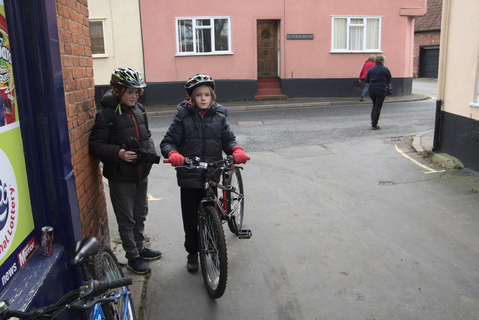 The boys outside McColl's in Eye from The Old Sewage Works, The Avenue, Brome, Suffolk - 20th February 2021