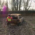 Harry kicks the burned-out car, Fred's New Bike and an A140 Closure, Brome, Suffolk - 27th February 2021