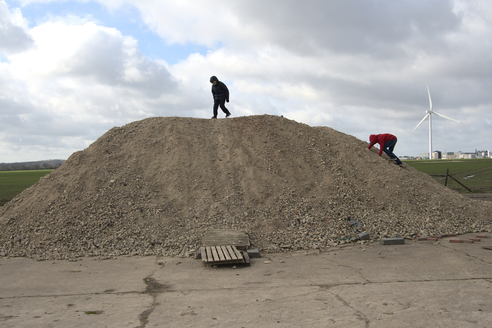 The boys climb a crushed-concrete hill from Another Walk on Eye Airfield, Eye, Suffolk - 14th March 2021