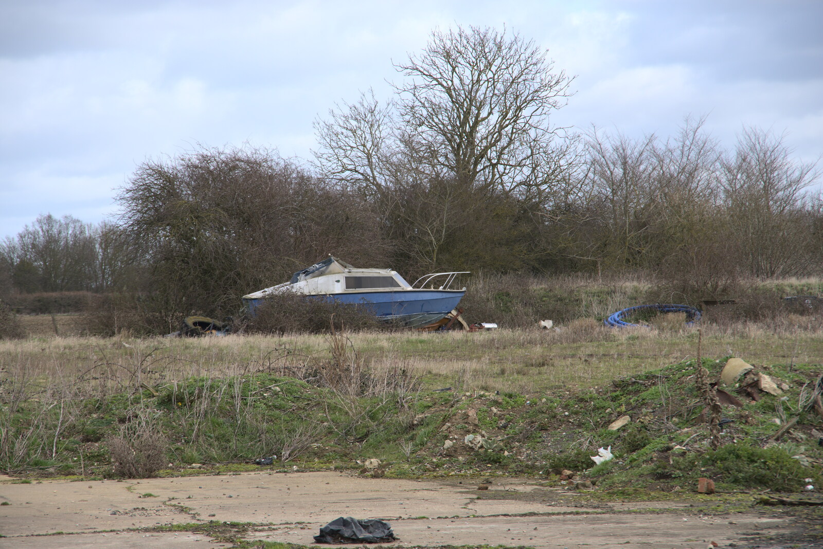There's a derelict boat from Another Walk on Eye Airfield, Eye, Suffolk - 14th March 2021