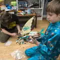 Harry holds up some sort of Ninjago boat, A Return to Bressingham Steam and Gardens, Bressingham, Norfolk - 28th March 2021