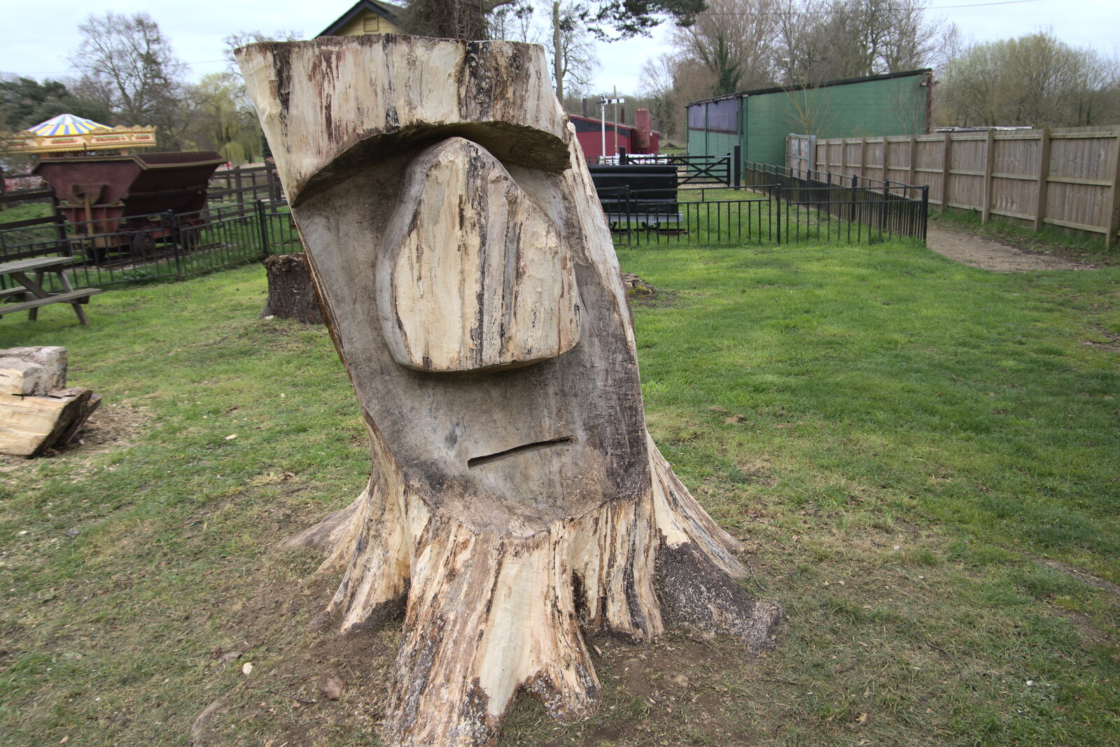 A carved face in a tree stump from A Return to Bressingham Steam and Gardens, Bressingham, Norfolk - 28th March 2021