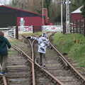 Fred and Harry walk on the rails, A Return to Bressingham Steam and Gardens, Bressingham, Norfolk - 28th March 2021
