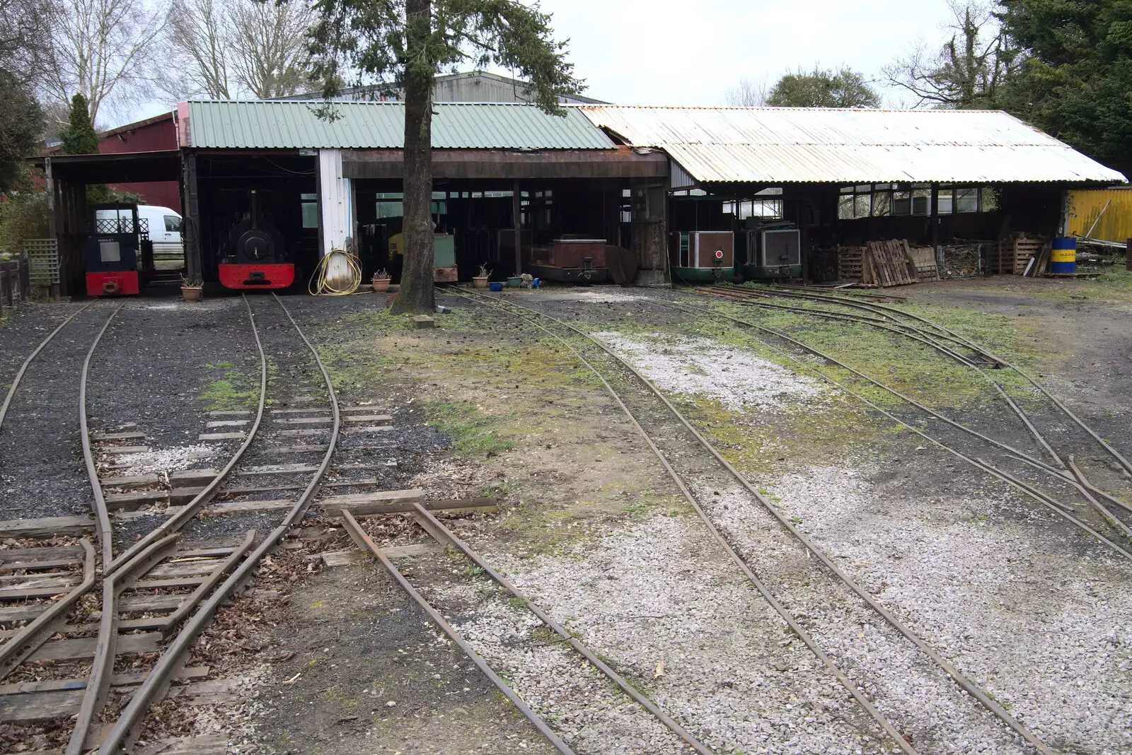 Tracks snake out of the engine shed, from A Return to Bressingham Steam and Gardens, Bressingham, Norfolk - 28th March 2021