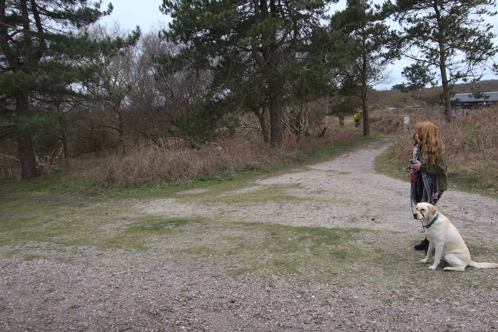 Amber waits with Dave the Dog, from A Trip to Dunwich Beach, Dunwich, Suffolk - 2nd April 2021